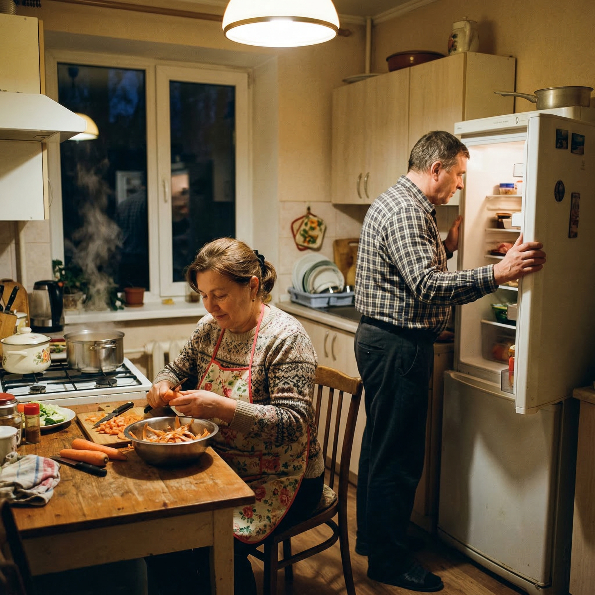 Галю! А де той залишок ковбаси, що ми купували вчора? — запитав чоловік, не дивлячись на дружину.